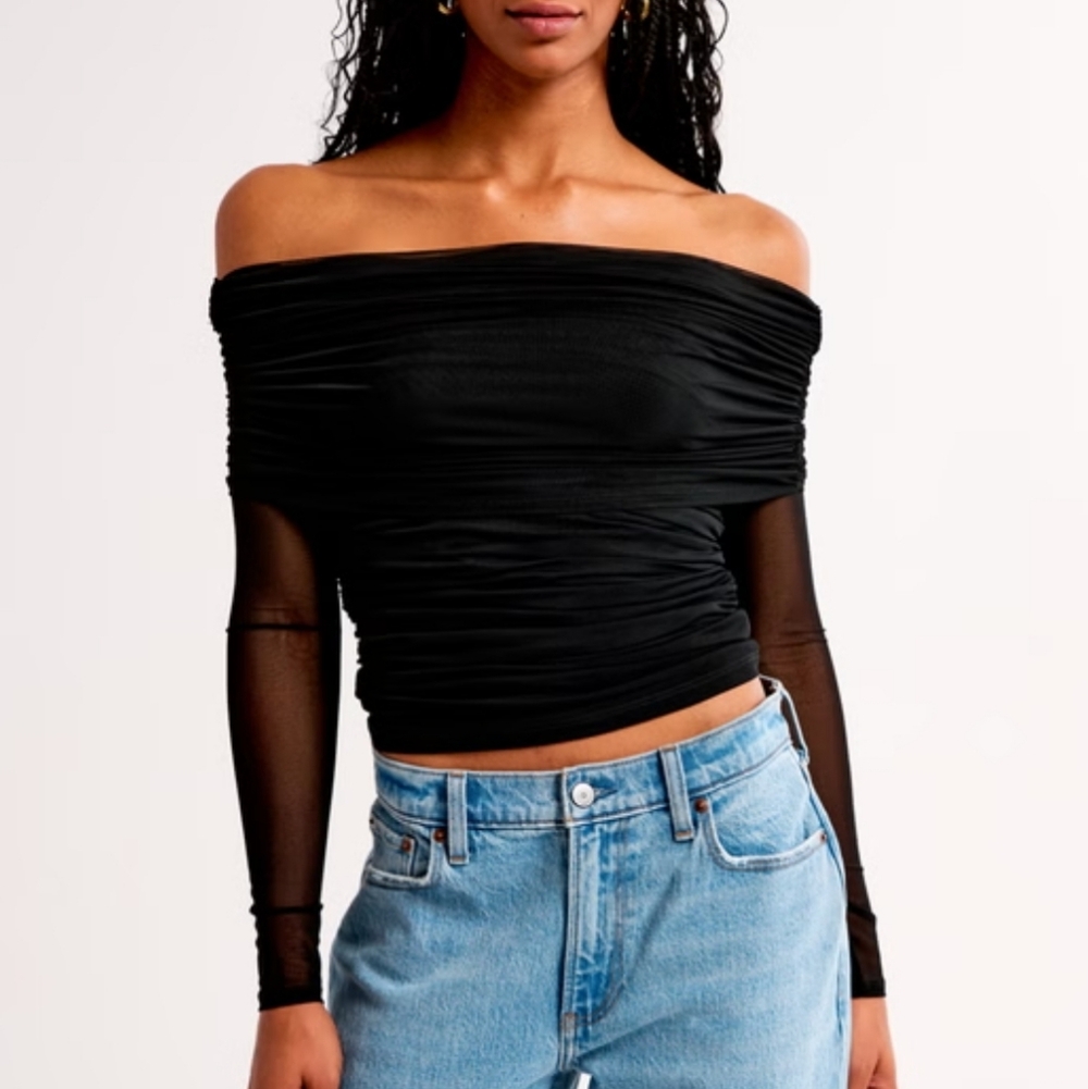 Abercrombie & Fitch Long Sleeve Off The Shoulder Mesh Top Black Ruched XS